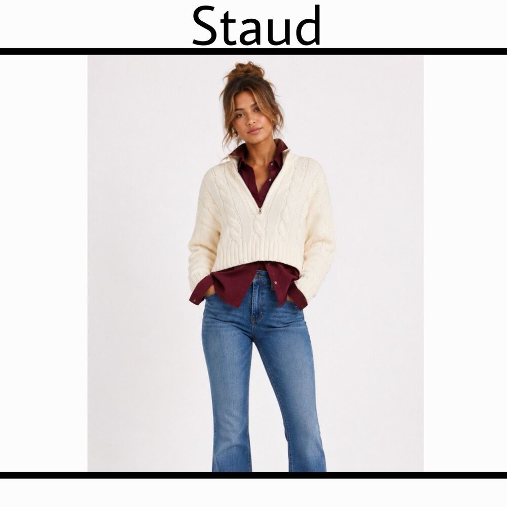 Staud Hampton Crop Half Zip Sweater Cable Knit Ivory Cotton Blend Women’s XS